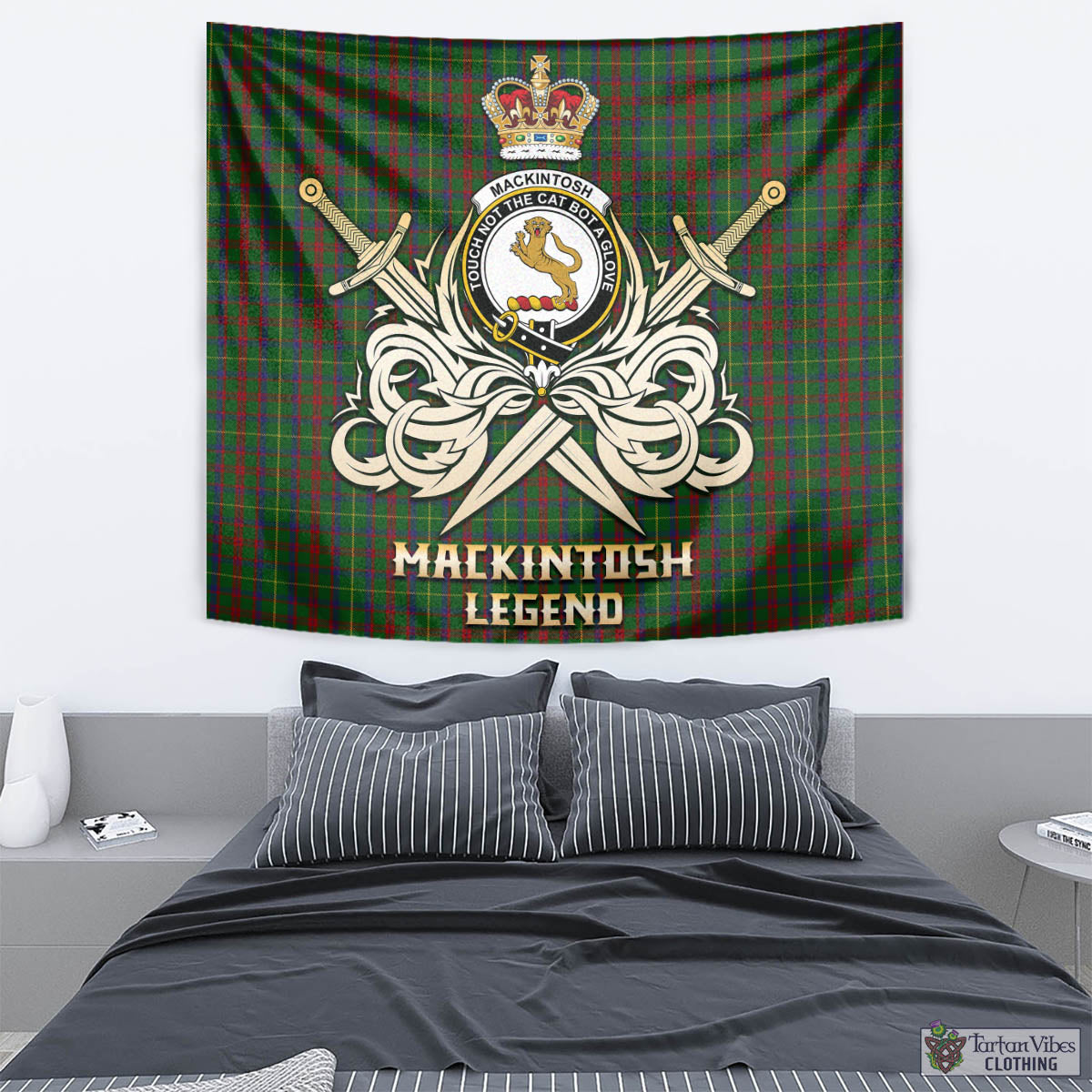 Tartan Vibes Clothing MacKintosh Hunting Tartan Tapestry with Clan Crest and the Golden Sword of Courageous Legacy