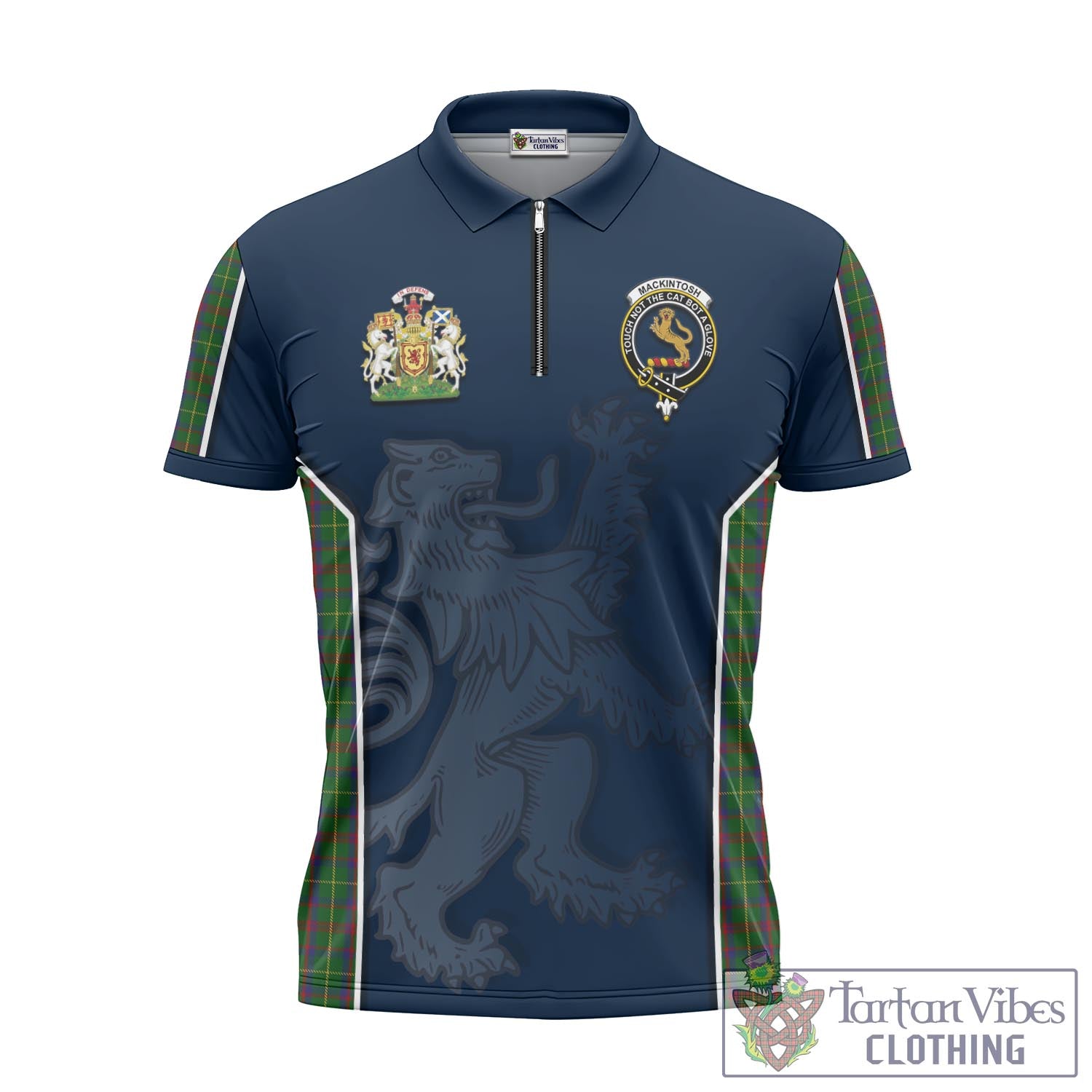 Tartan Vibes Clothing MacKintosh Hunting Tartan Zipper Polo Shirt with Family Crest and Lion Rampant Vibes Sport Style