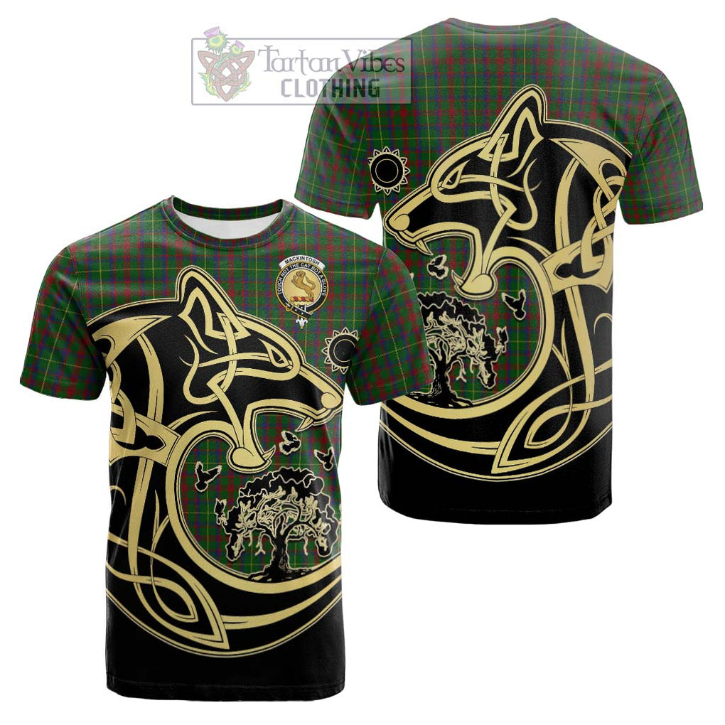 Tartan Vibes Clothing MacKintosh Hunting Tartan Cotton T-shirt with Family Crest Celtic Wolf Style