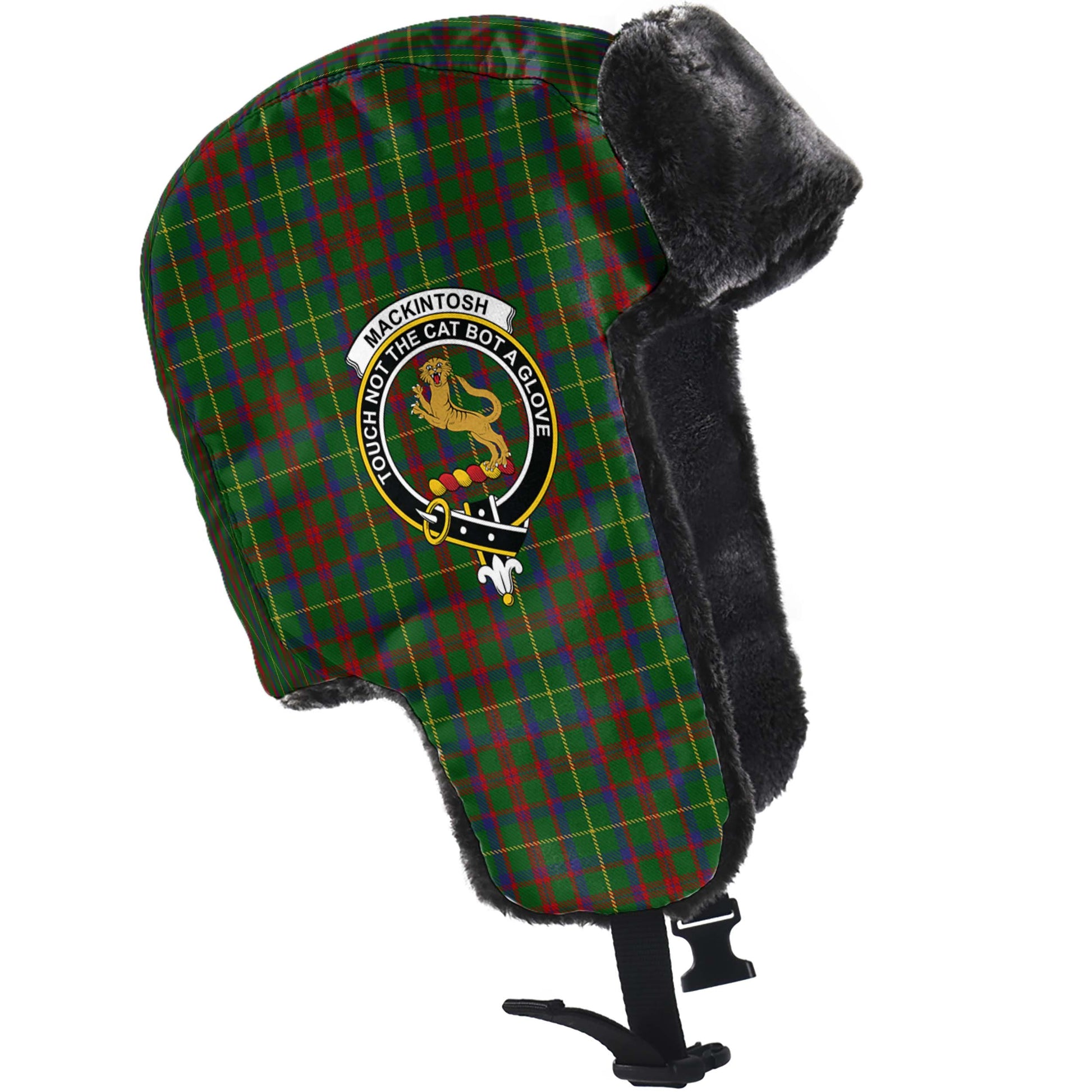 MacKintosh Hunting Tartan Winter Trapper Hat with Family Crest - Tartanvibesclothing