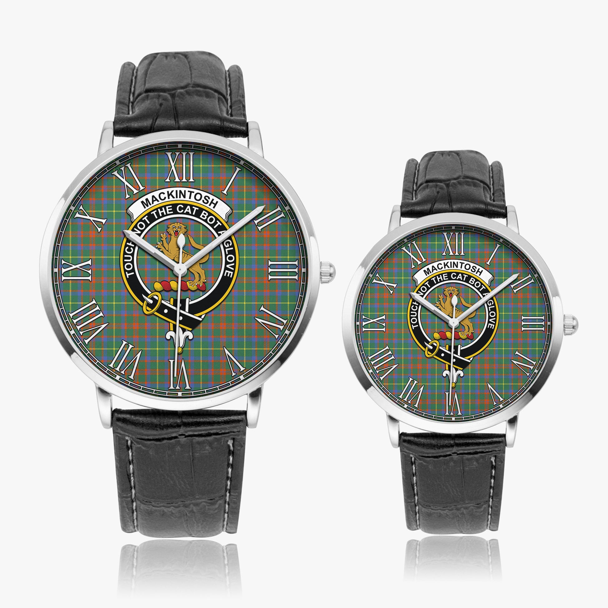 MacKintosh Hunting Ancient Tartan Family Crest Leather Strap Quartz Watch - Tartanvibesclothing