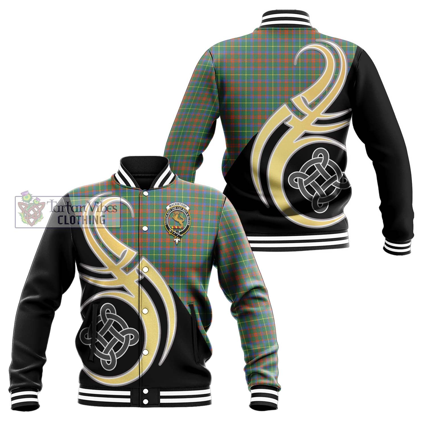 MacKintosh Hunting Ancient Tartan Baseball Jacket with Family Crest and Celtic Symbol Style Unisex - Tartan Vibes Clothing