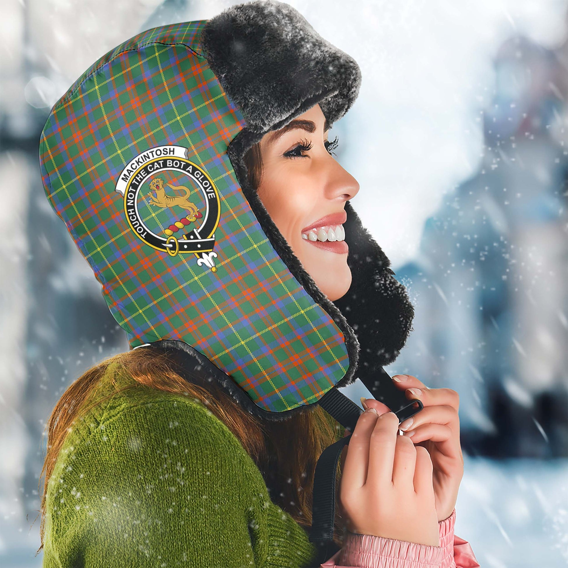 MacKintosh Hunting Ancient Tartan Winter Trapper Hat with Family Crest Winter Trapper Hat Universal Fit Circumference 22.8in (58cm) - Tartanvibesclothing