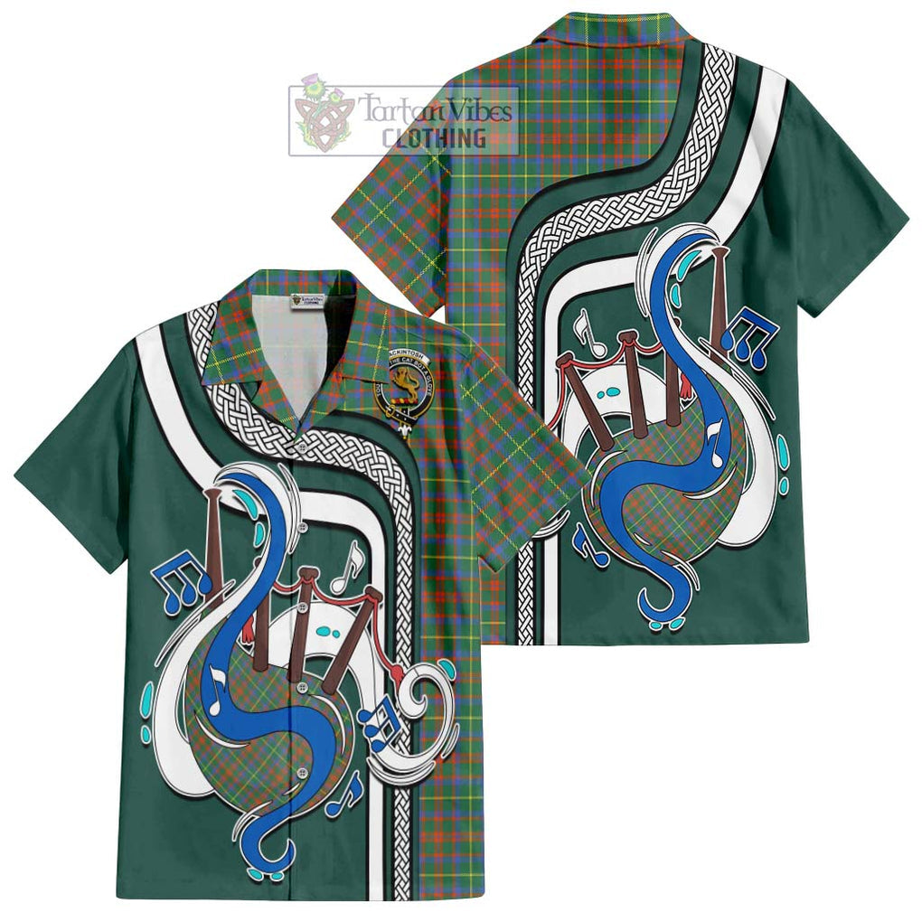 MacKintosh Hunting Ancient Tartan Short Sleeve Button Shirt with Epic Bagpipe Style Kid - Tartanvibesclothing Shop