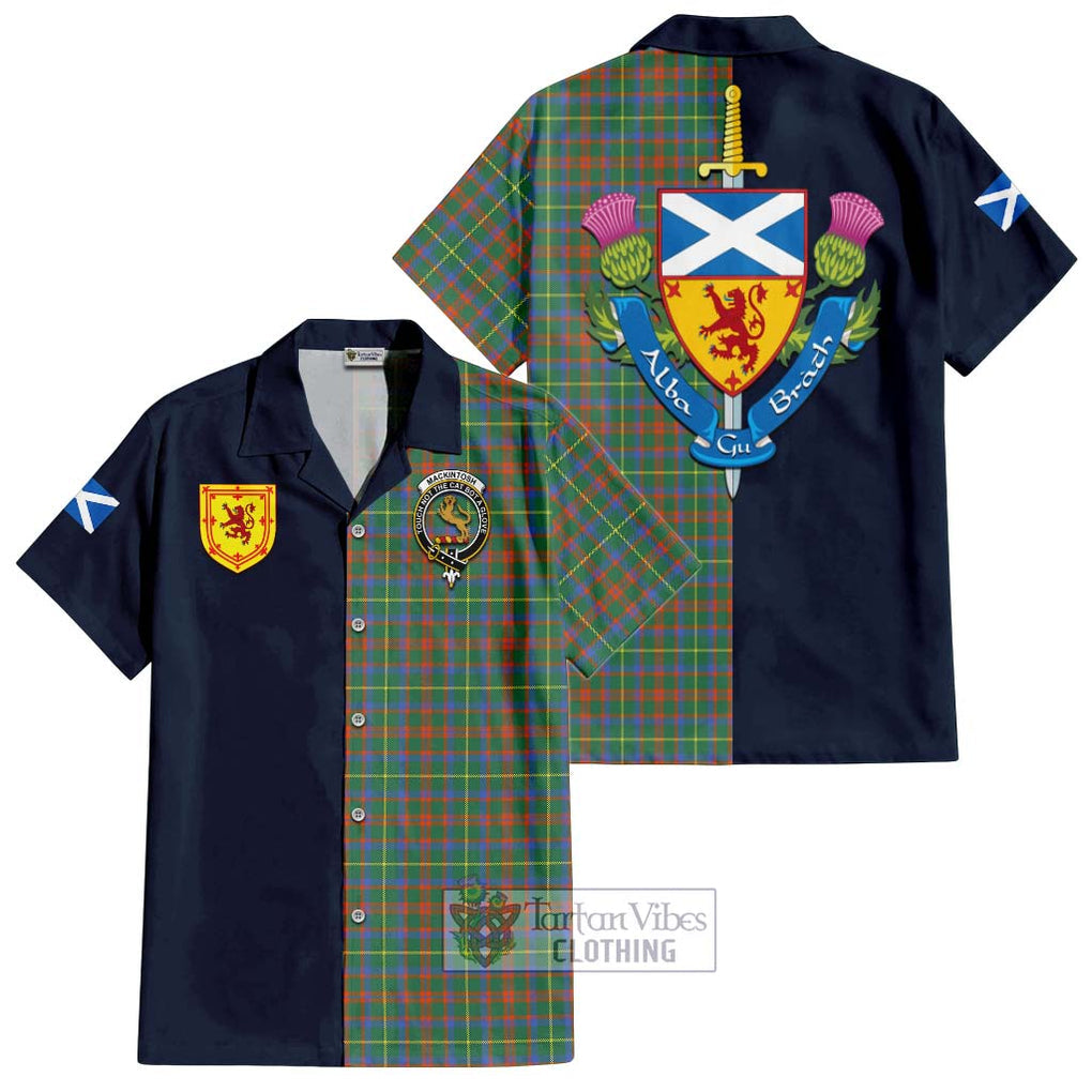 Tartan Vibes Clothing MacKintosh Hunting Ancient Tartan Short Sleeve Button Shirt with Scottish Lion Royal Arm Half Style