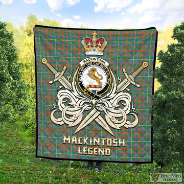 MacKintosh Hunting Ancient Tartan Quilt with Clan Crest and the Golden Sword of Courageous Legacy