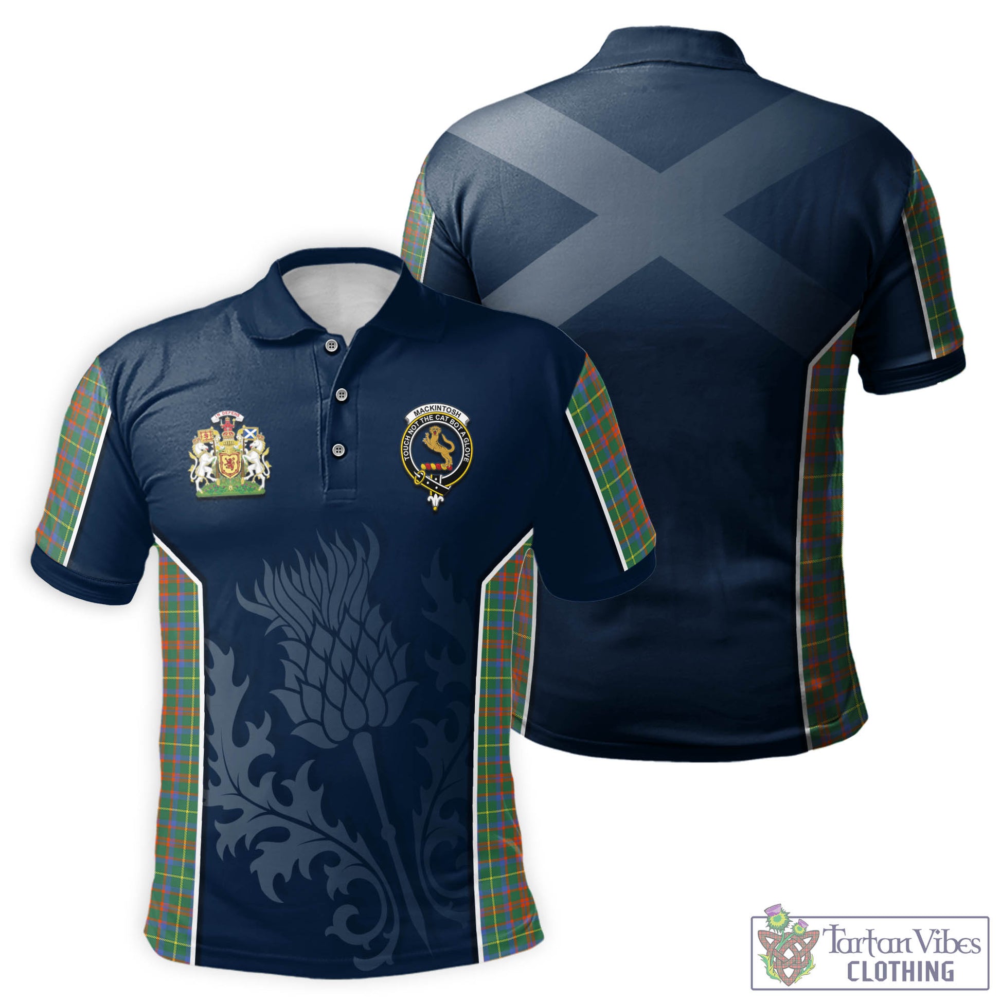 Tartan Vibes Clothing MacKintosh Hunting Ancient Tartan Men's Polo Shirt with Family Crest and Scottish Thistle Vibes Sport Style