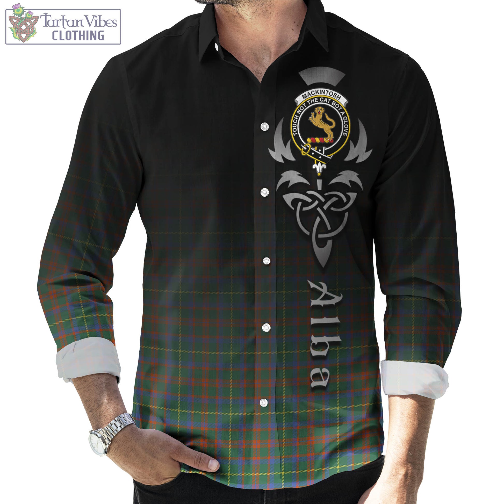 Tartan Vibes Clothing MacKintosh Hunting Ancient Tartan Long Sleeve Button Up Featuring Alba Gu Brath Family Crest Celtic Inspired