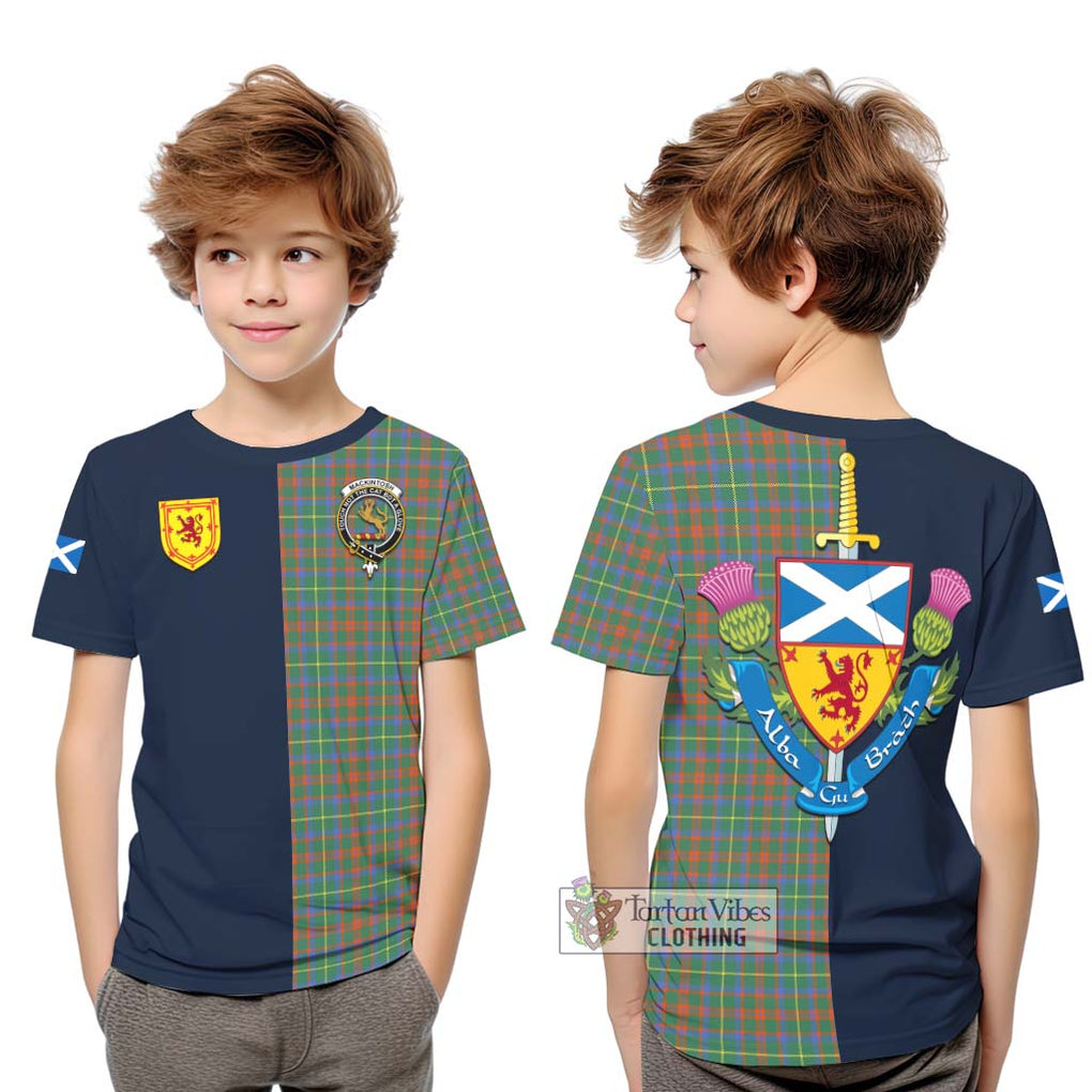 Tartan Vibes Clothing MacKintosh Hunting Ancient Tartan Kid T-Shirt with Scottish Lion Royal Arm Half Style