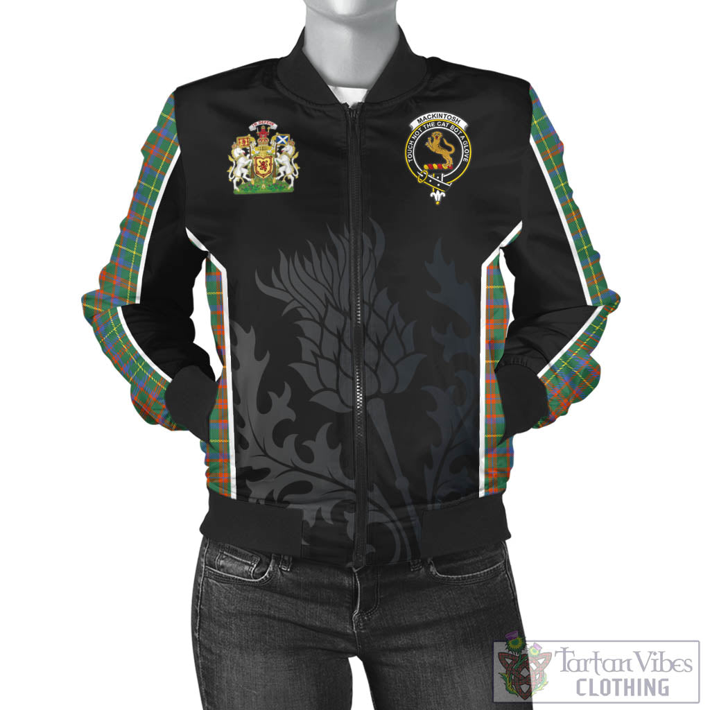 Tartan Vibes Clothing MacKintosh Hunting Ancient Tartan Bomber Jacket with Family Crest and Scottish Thistle Vibes Sport Style