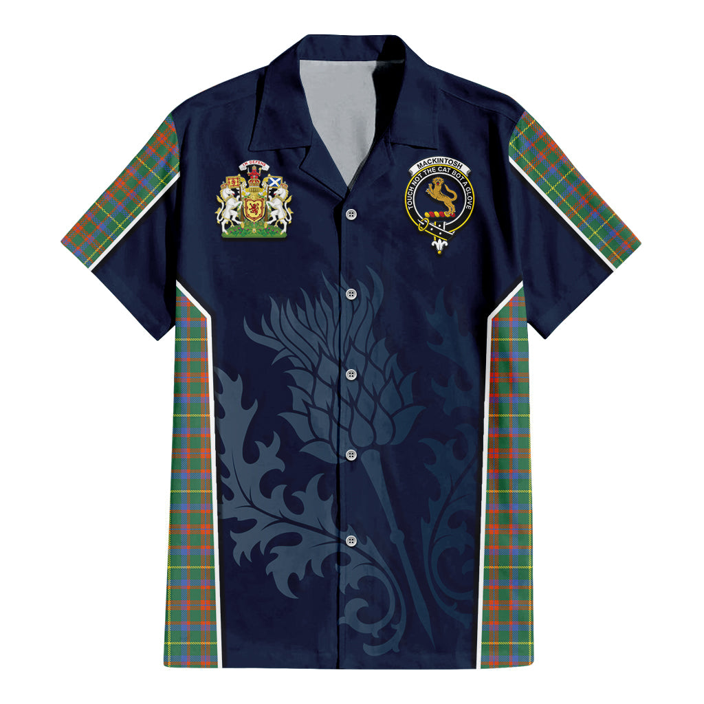 Tartan Vibes Clothing MacKintosh Hunting Ancient Tartan Short Sleeve Button Up Shirt with Family Crest and Scottish Thistle Vibes Sport Style