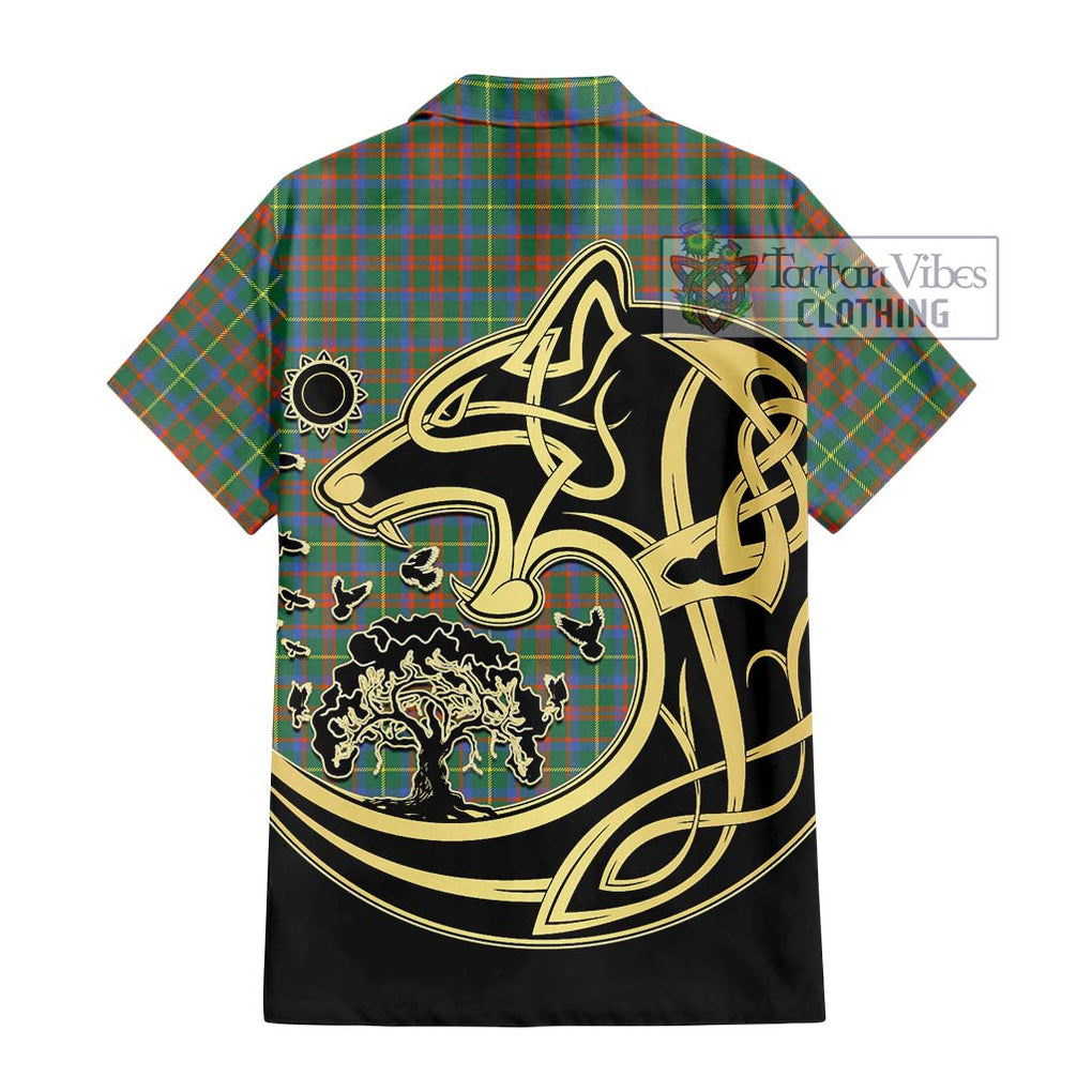 MacKintosh Hunting Ancient Tartan Short Sleeve Button Shirt with Family Crest Celtic Wolf Style - Tartan Vibes Clothing