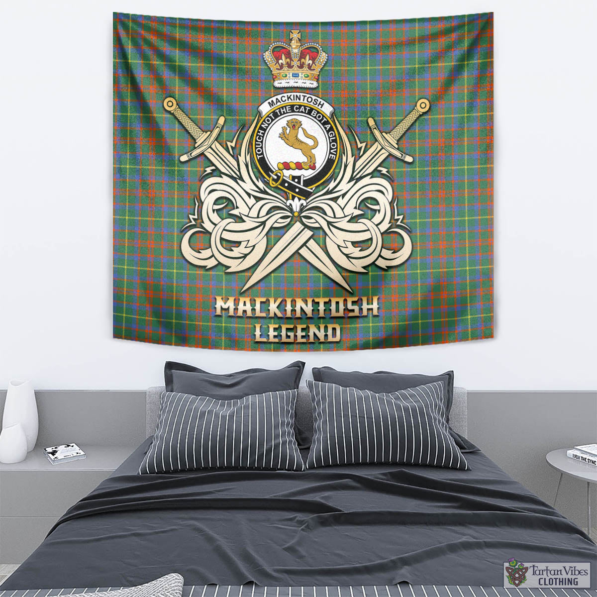 Tartan Vibes Clothing MacKintosh Hunting Ancient Tartan Tapestry with Clan Crest and the Golden Sword of Courageous Legacy