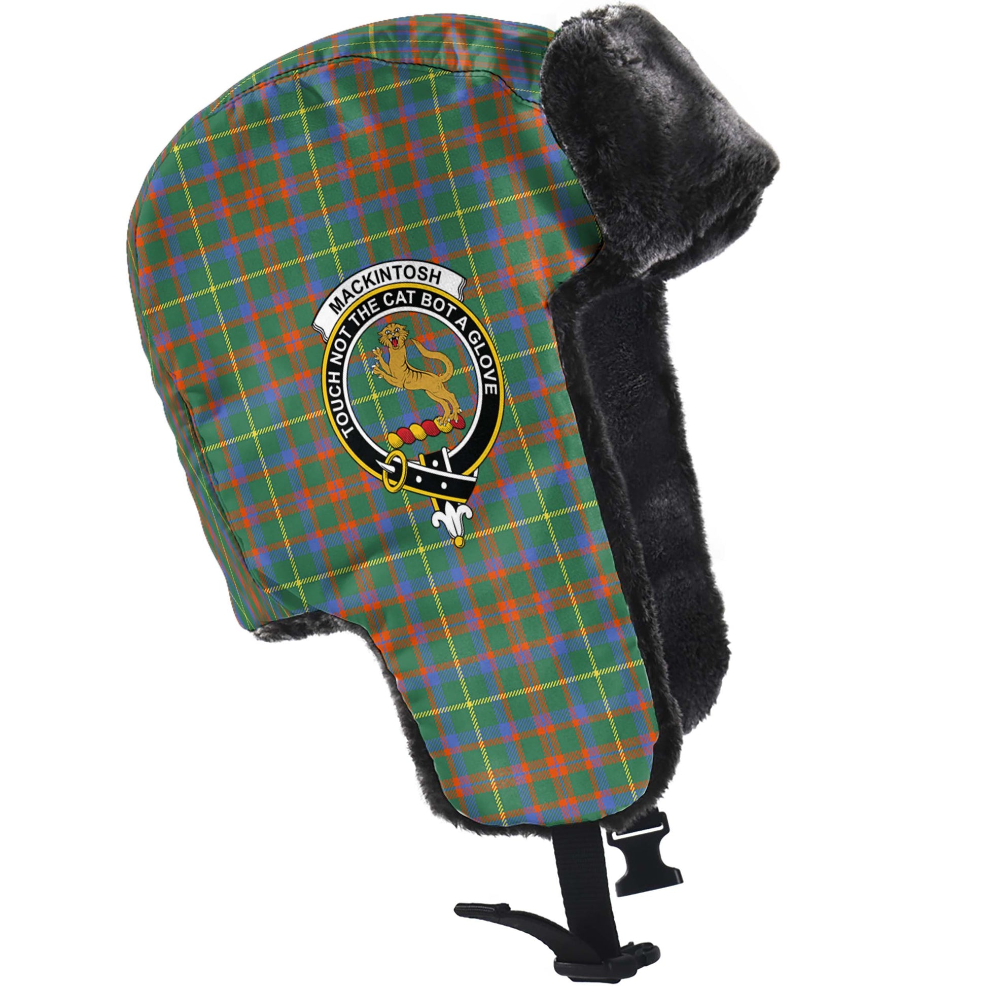 MacKintosh Hunting Ancient Tartan Winter Trapper Hat with Family Crest - Tartanvibesclothing