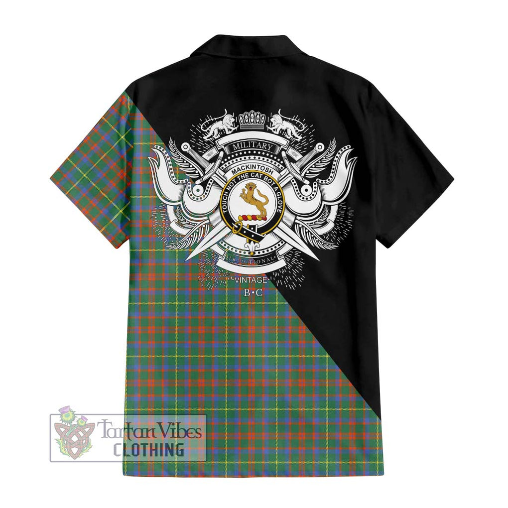 MacKintosh Hunting Ancient Tartan Short Sleeve Button Shirt with Family Crest and Military Logo Style - Tartanvibesclothing Shop