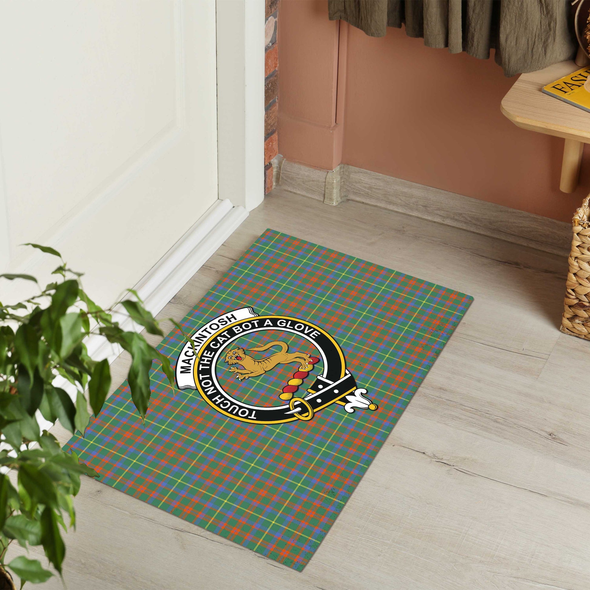 MacKintosh Hunting Ancient Tartan Door Mat with Family Crest - Tartanvibesclothing