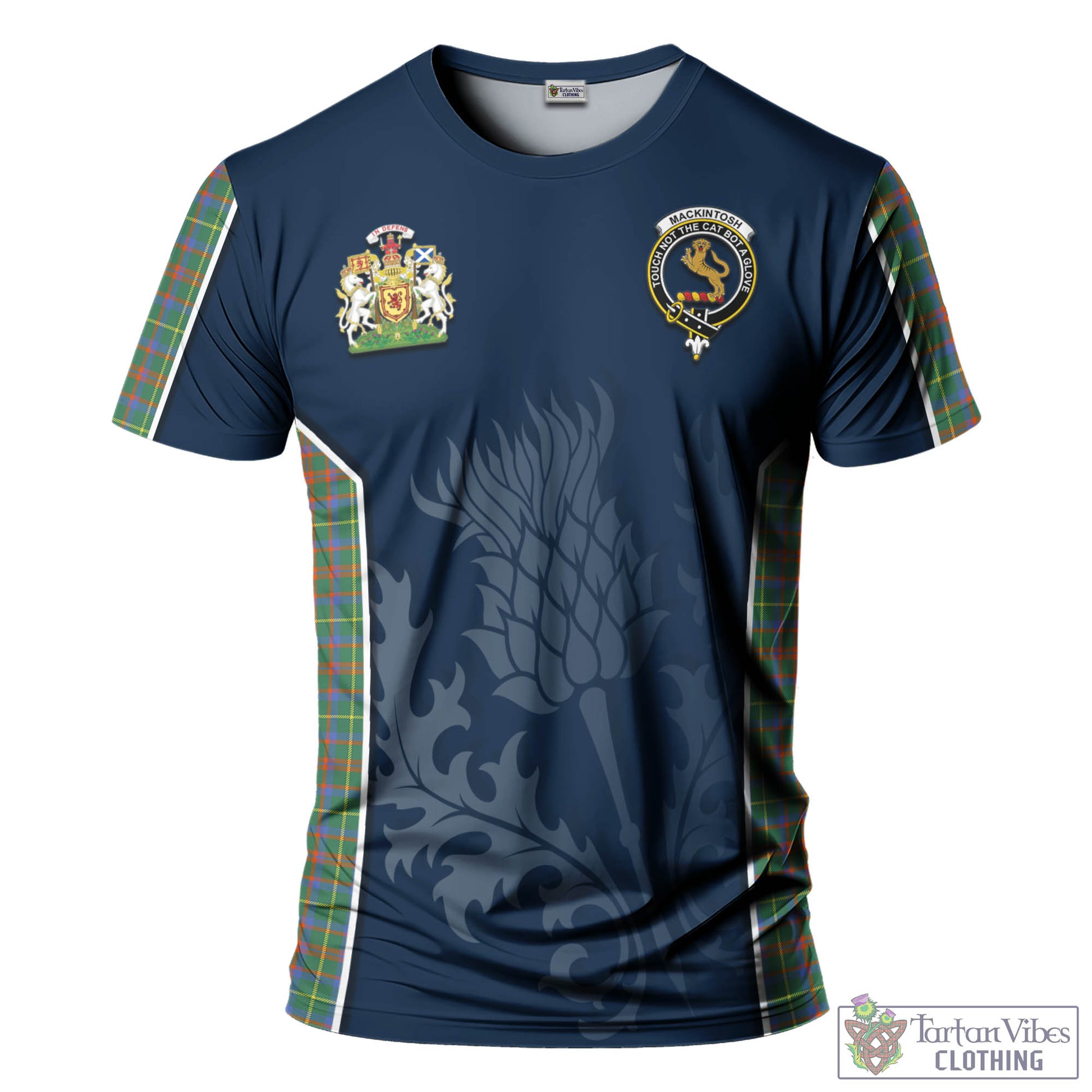 Tartan Vibes Clothing MacKintosh Hunting Ancient Tartan T-Shirt with Family Crest and Scottish Thistle Vibes Sport Style