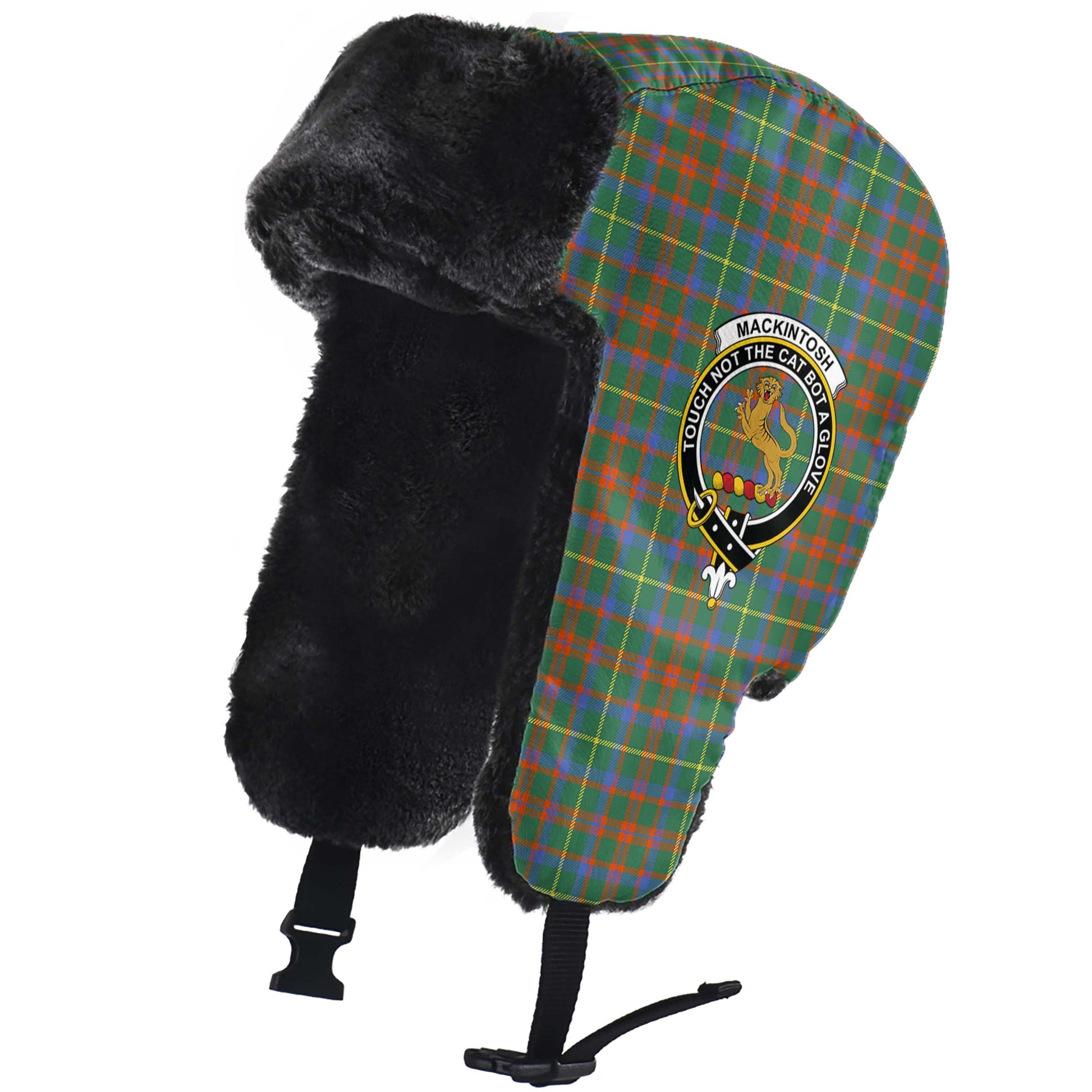 MacKintosh Hunting Ancient Tartan Winter Trapper Hat with Family Crest - Tartanvibesclothing