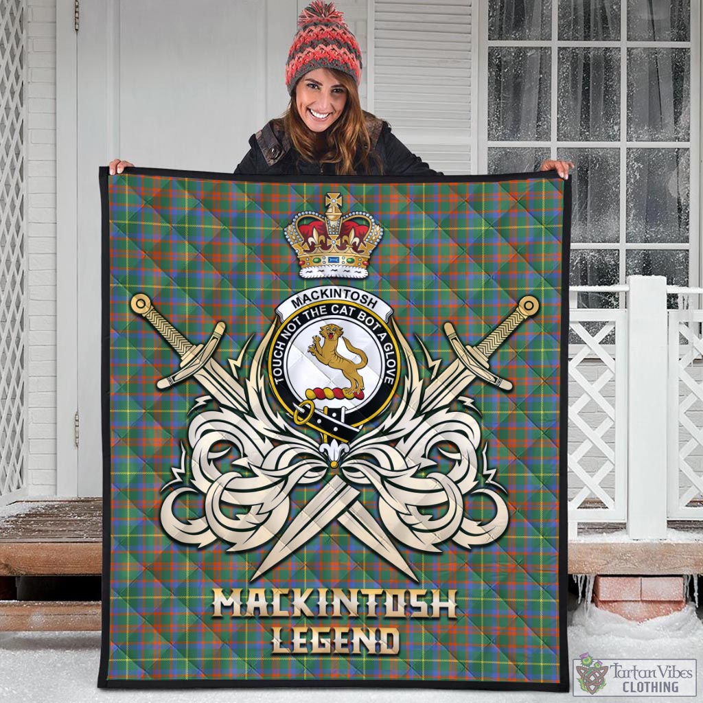 Tartan Vibes Clothing MacKintosh Hunting Ancient Tartan Quilt with Clan Crest and the Golden Sword of Courageous Legacy