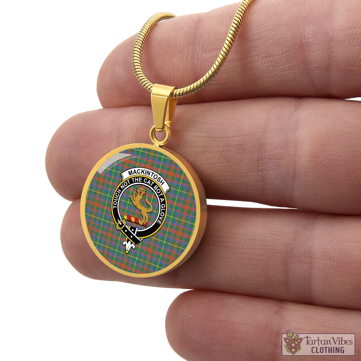 Tartan Vibes Clothing MacKintosh Hunting Ancient Tartan Circle Necklace with Family Crest