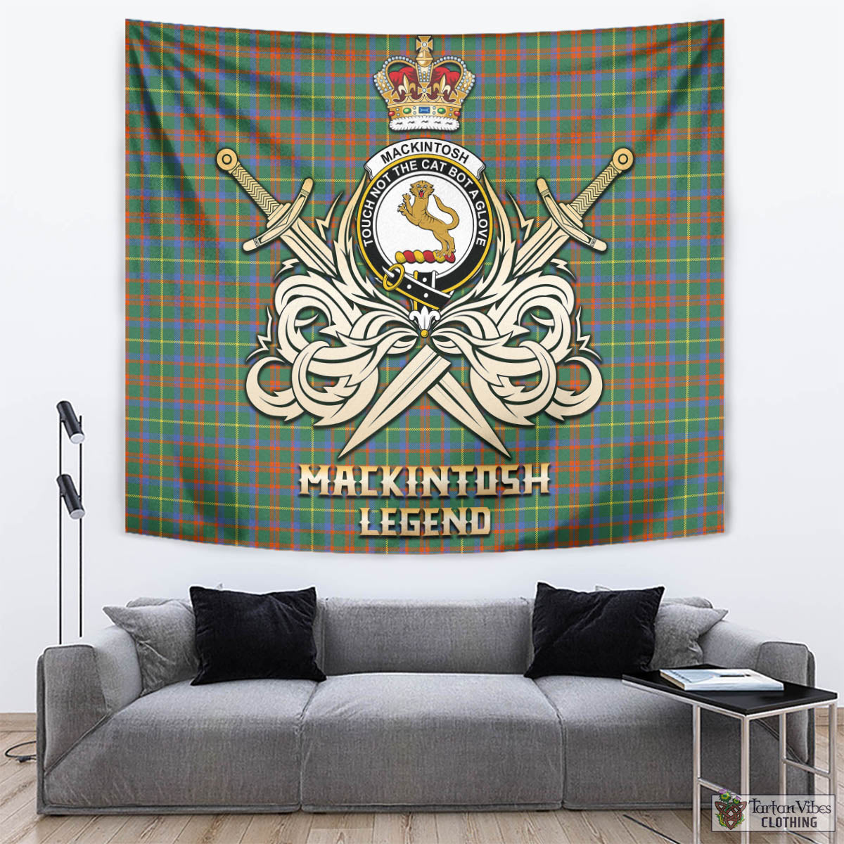 Tartan Vibes Clothing MacKintosh Hunting Ancient Tartan Tapestry with Clan Crest and the Golden Sword of Courageous Legacy