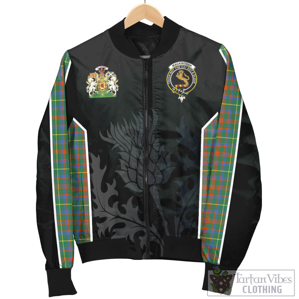 Tartan Vibes Clothing MacKintosh Hunting Ancient Tartan Bomber Jacket with Family Crest and Scottish Thistle Vibes Sport Style