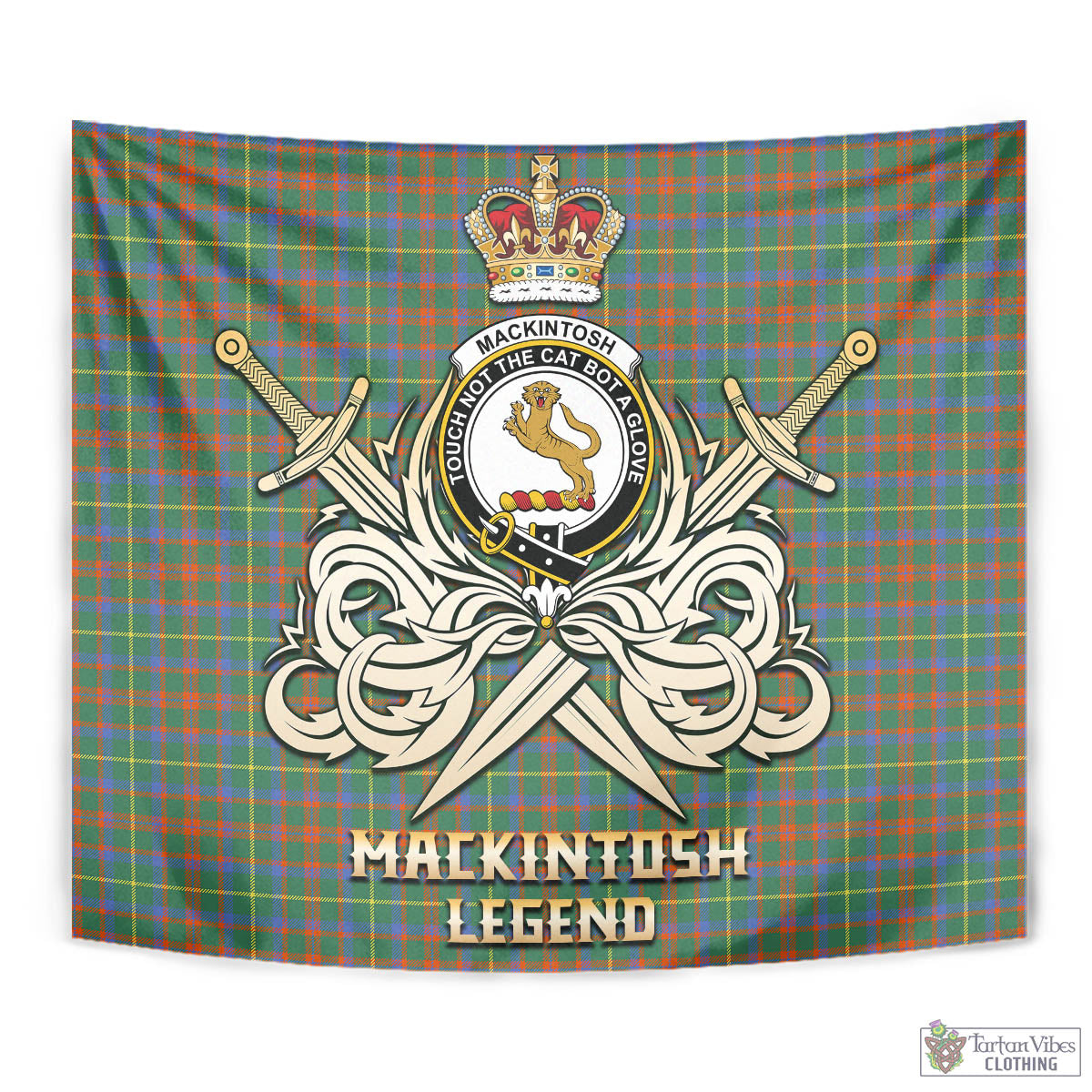 Tartan Vibes Clothing MacKintosh Hunting Ancient Tartan Tapestry with Clan Crest and the Golden Sword of Courageous Legacy