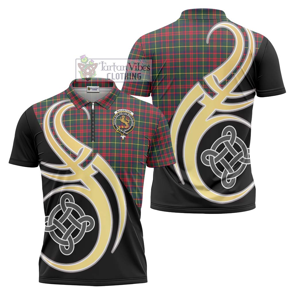 Tartan Vibes Clothing MacKintosh Hunting Modern Tartan Zipper Polo Shirt with Family Crest and Celtic Symbol Style