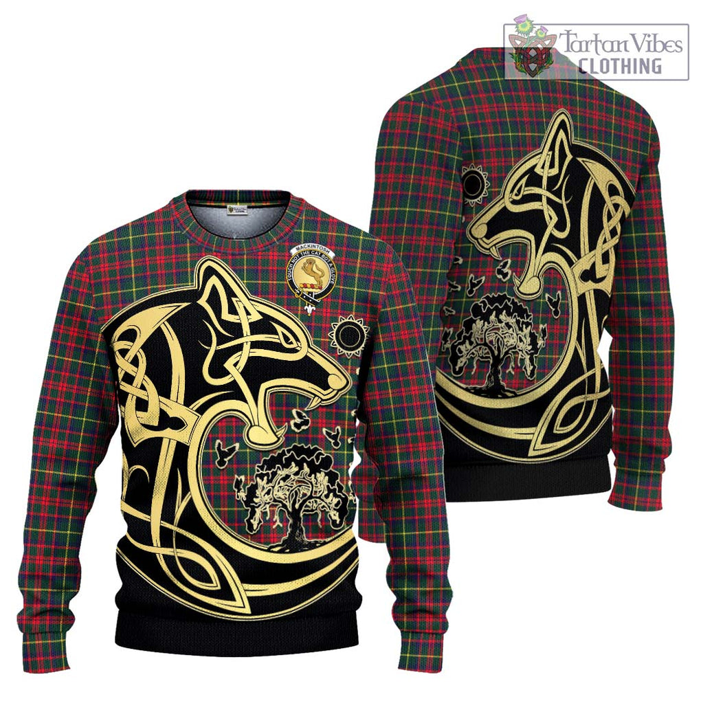 MacKintosh Hunting Modern Tartan Knitted Sweater with Family Crest Celtic Wolf Style Unisex - Tartan Vibes Clothing