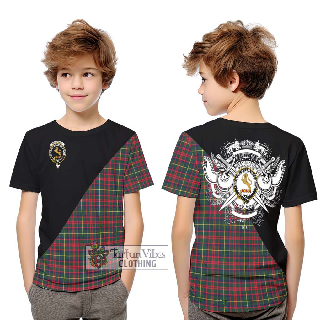 MacKintosh Hunting Modern Tartan Kid T-Shirt with Family Crest and Military Logo Style Youth XL Size14 - Tartanvibesclothing Shop