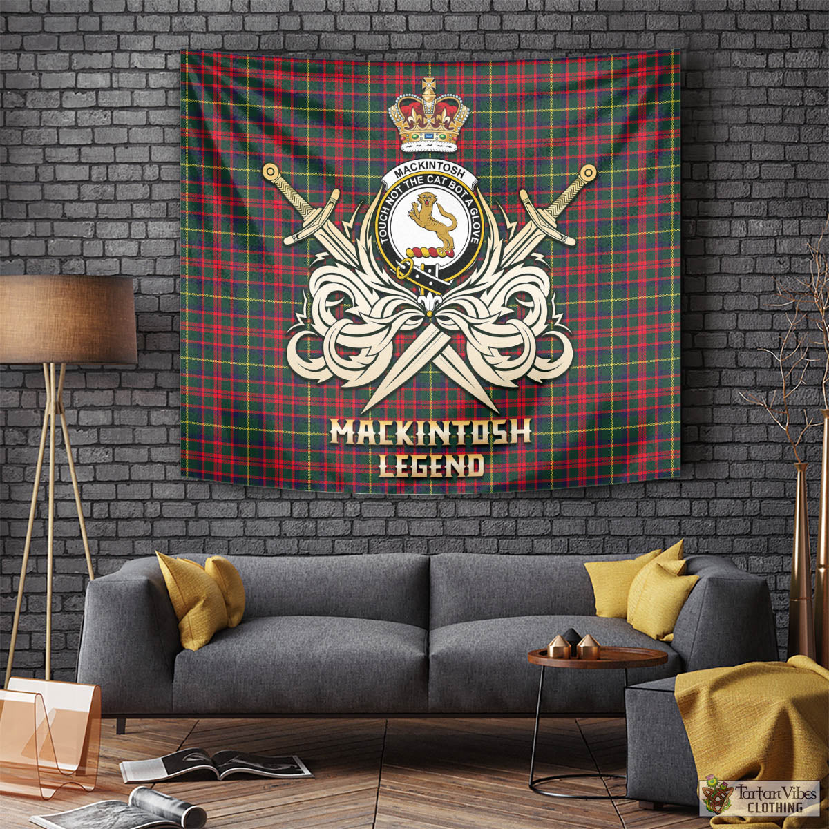 Tartan Vibes Clothing MacKintosh Hunting Modern Tartan Tapestry with Clan Crest and the Golden Sword of Courageous Legacy