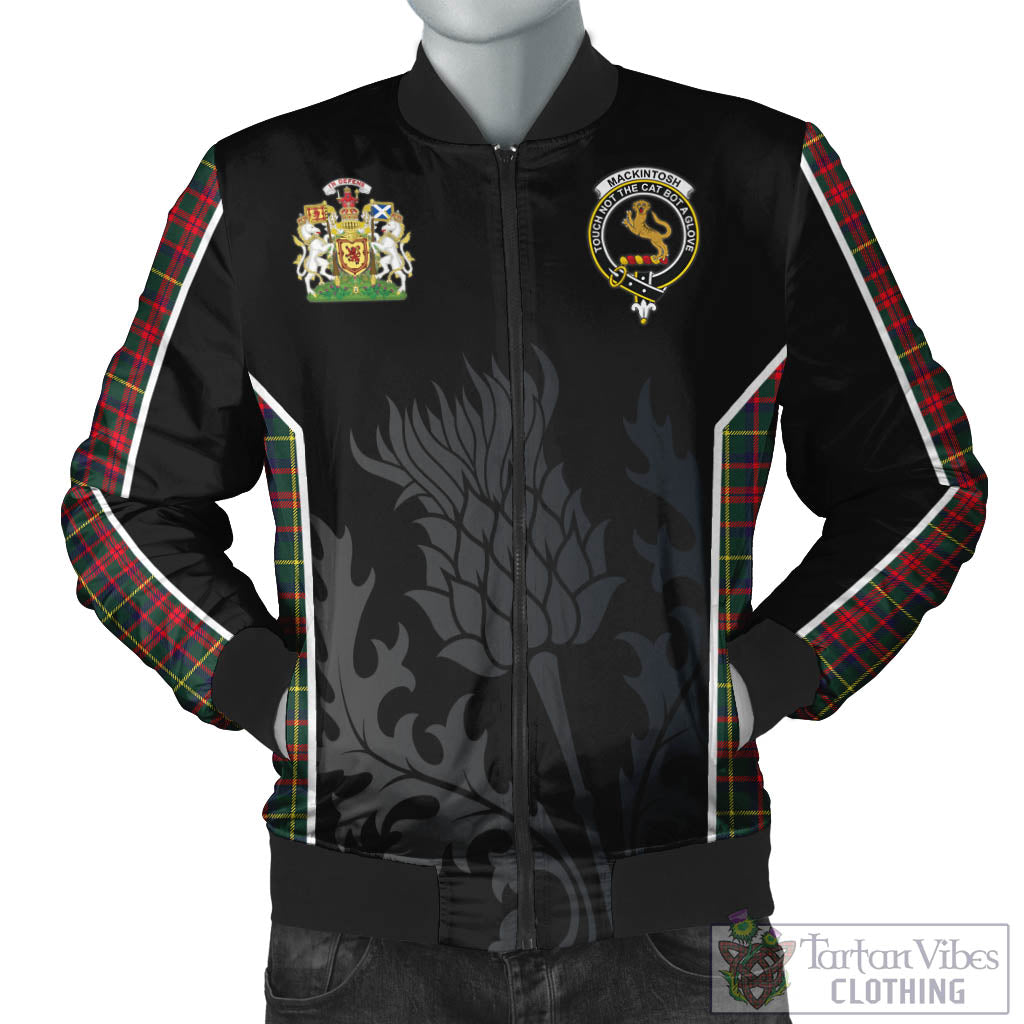 Tartan Vibes Clothing MacKintosh Hunting Modern Tartan Bomber Jacket with Family Crest and Scottish Thistle Vibes Sport Style