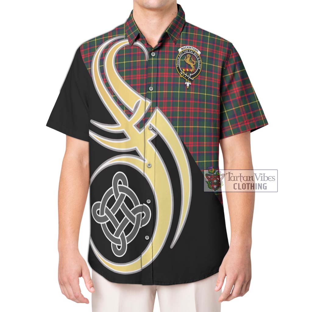 MacKintosh Hunting Modern Tartan Short Sleeve Button Shirt with Family Crest and Celtic Symbol Style Kid - Tartan Vibes Clothing