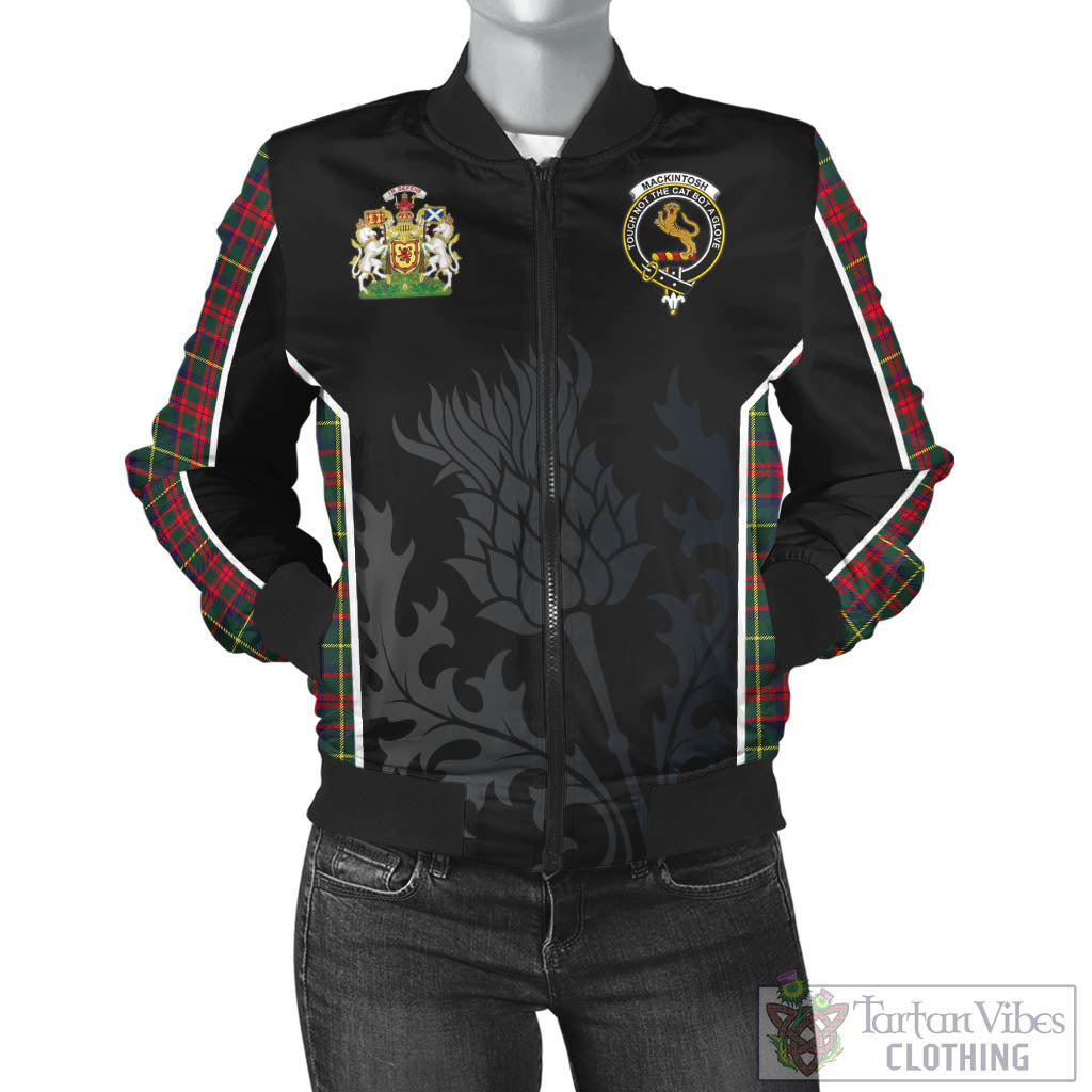 Tartan Vibes Clothing MacKintosh Hunting Modern Tartan Bomber Jacket with Family Crest and Scottish Thistle Vibes Sport Style