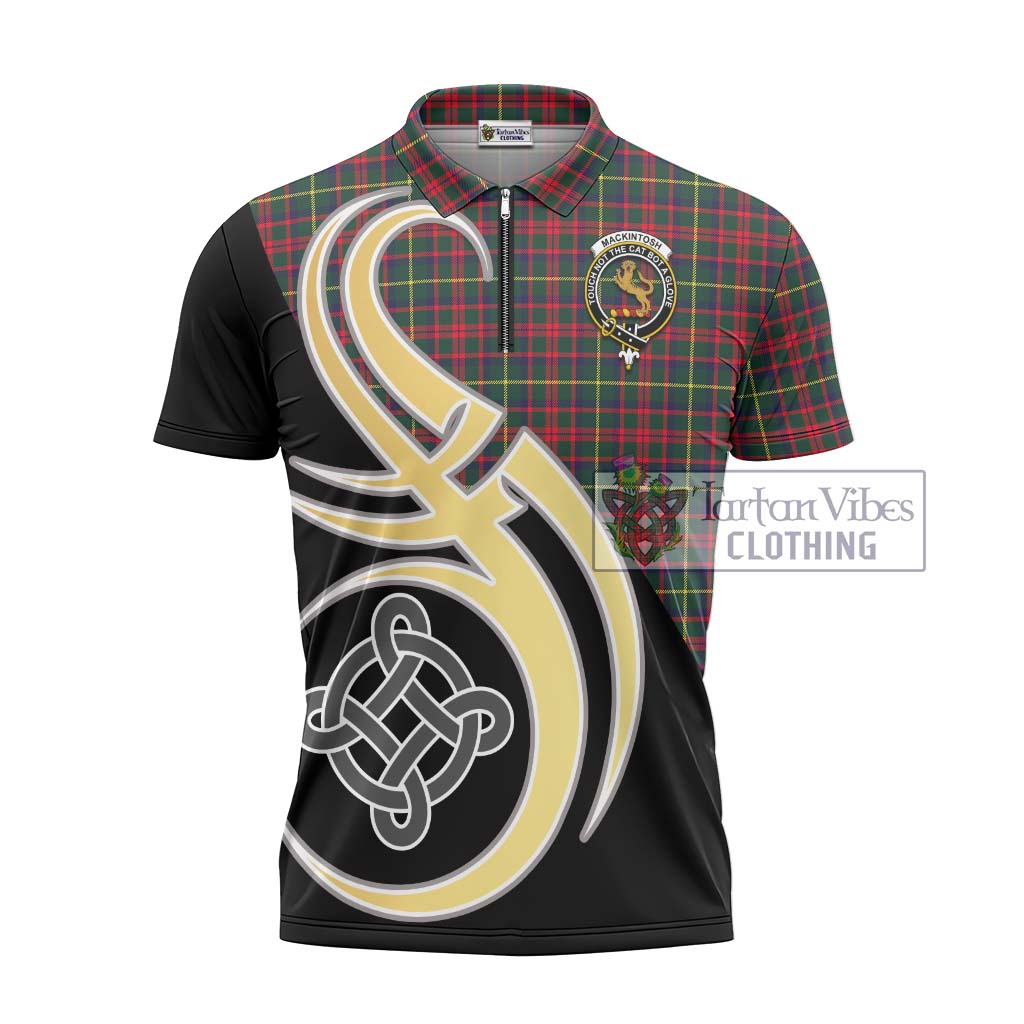 Tartan Vibes Clothing MacKintosh Hunting Modern Tartan Zipper Polo Shirt with Family Crest and Celtic Symbol Style