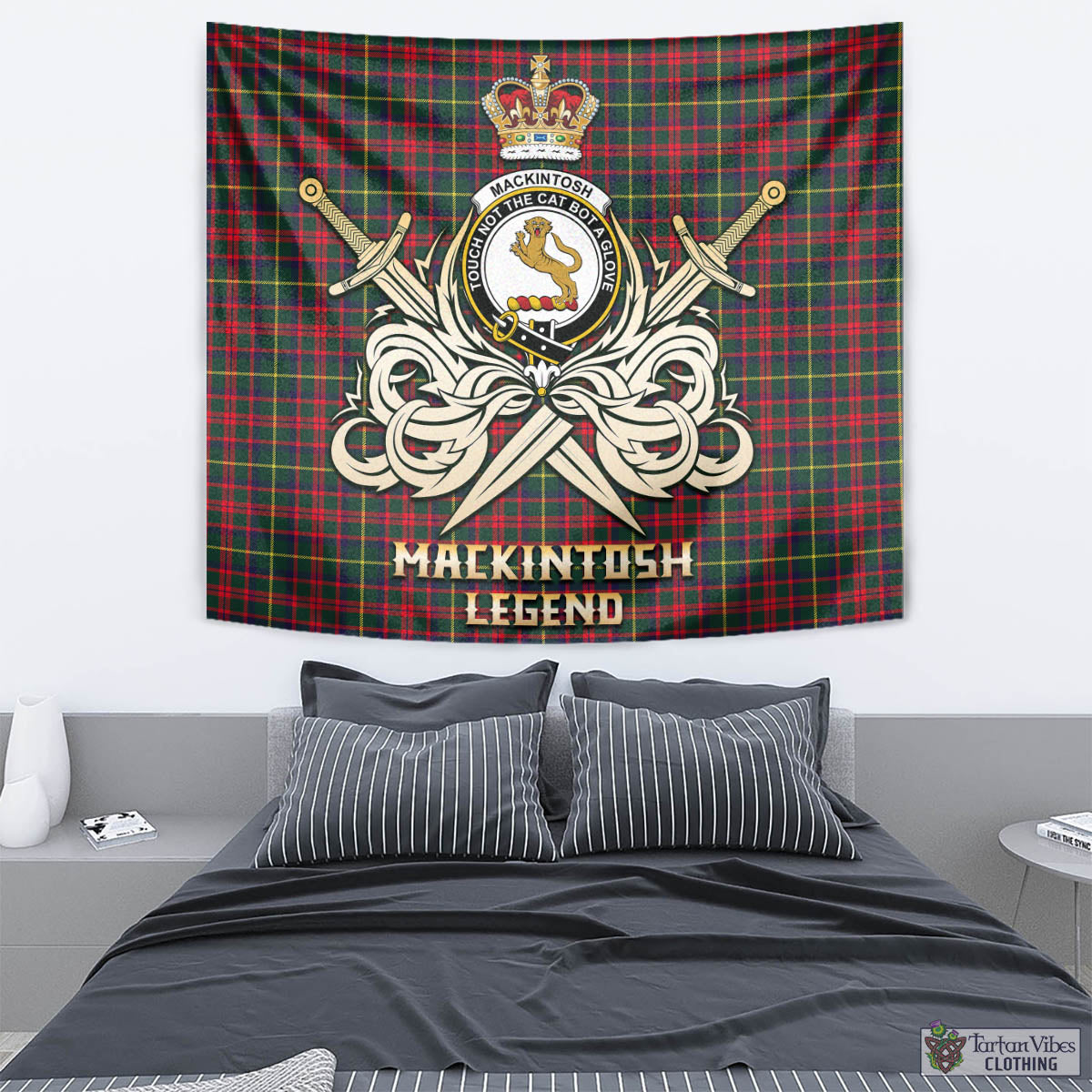 Tartan Vibes Clothing MacKintosh Hunting Modern Tartan Tapestry with Clan Crest and the Golden Sword of Courageous Legacy