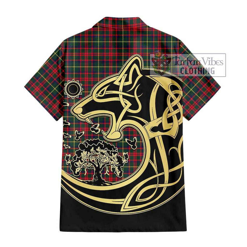 MacKintosh Hunting Modern Tartan Short Sleeve Button Shirt with Family Crest Celtic Wolf Style - Tartan Vibes Clothing