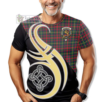 MacKintosh Hunting Modern Tartan T-Shirt with Family Crest and Celtic Symbol Style