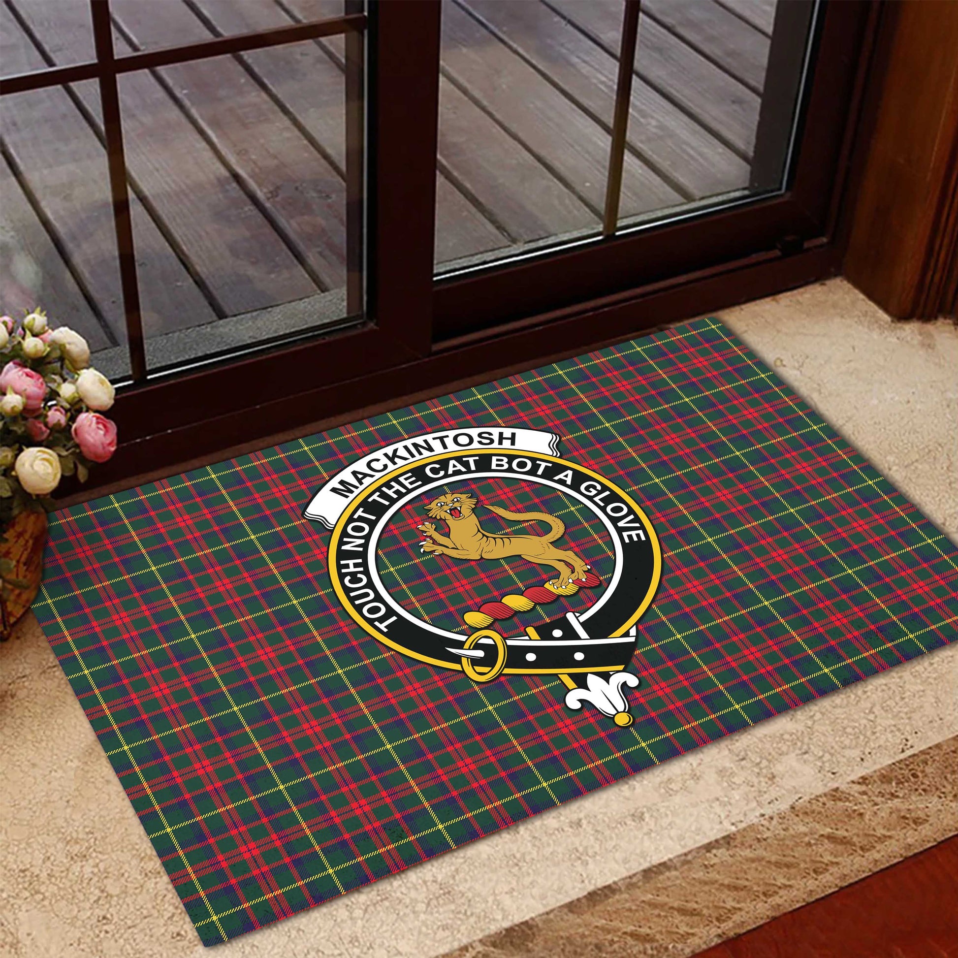 MacKintosh Hunting Modern Tartan Door Mat with Family Crest - Tartanvibesclothing