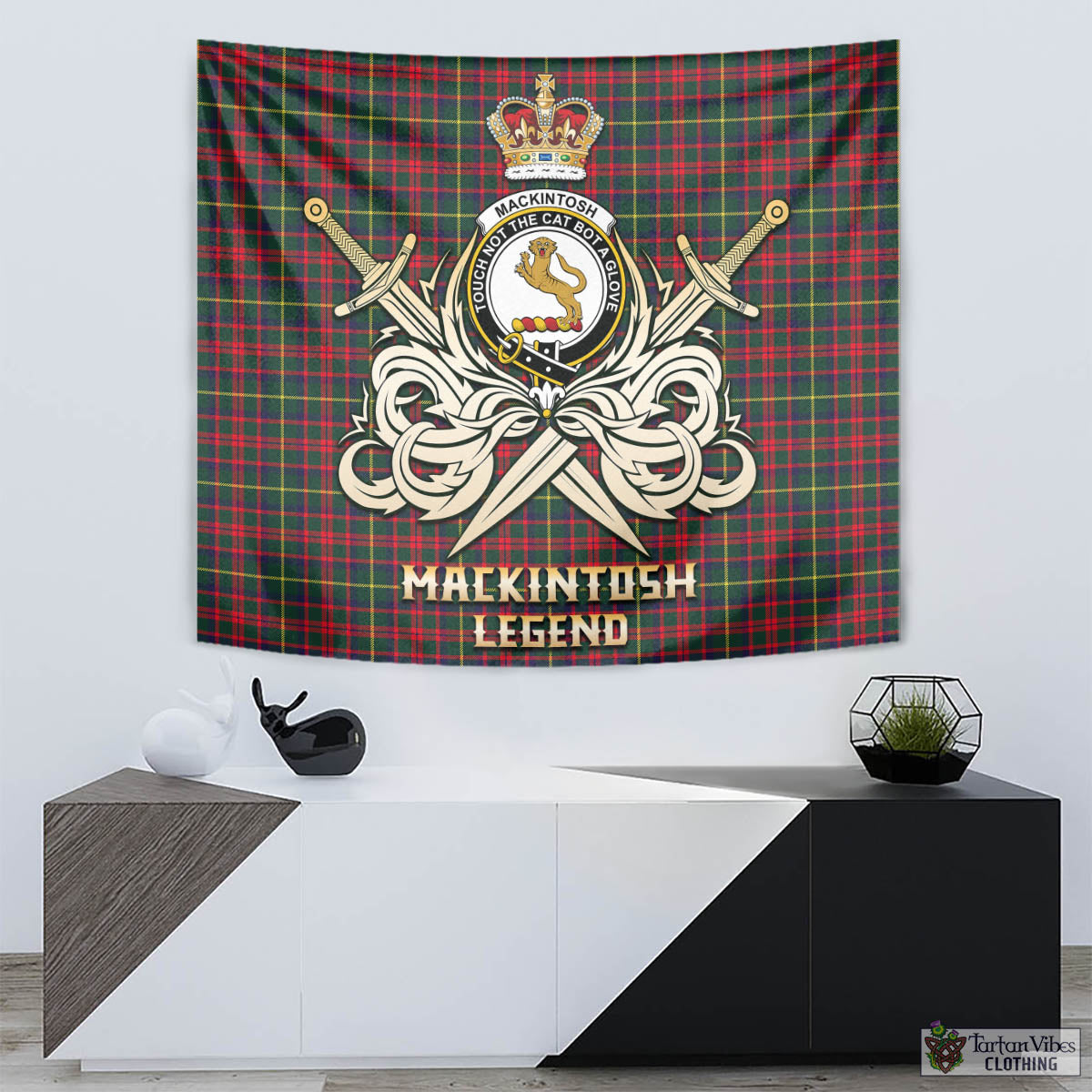 Tartan Vibes Clothing MacKintosh Hunting Modern Tartan Tapestry with Clan Crest and the Golden Sword of Courageous Legacy