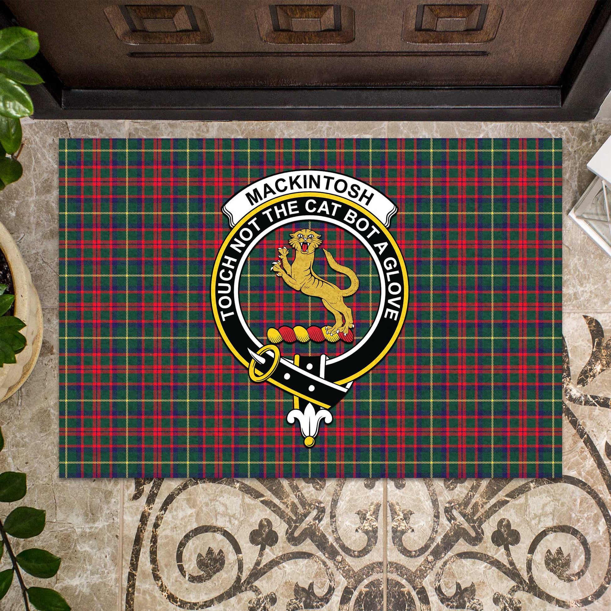 MacKintosh Hunting Modern Tartan Door Mat with Family Crest - Tartanvibesclothing