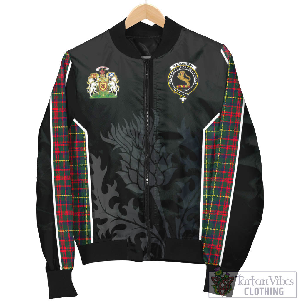 Tartan Vibes Clothing MacKintosh Hunting Modern Tartan Bomber Jacket with Family Crest and Scottish Thistle Vibes Sport Style