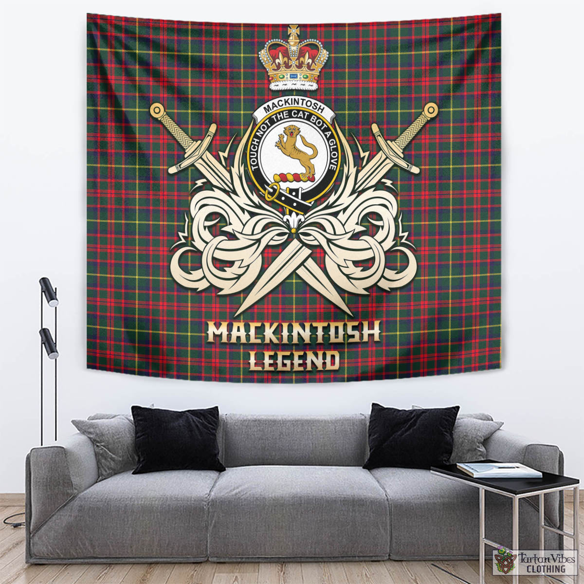 Tartan Vibes Clothing MacKintosh Hunting Modern Tartan Tapestry with Clan Crest and the Golden Sword of Courageous Legacy