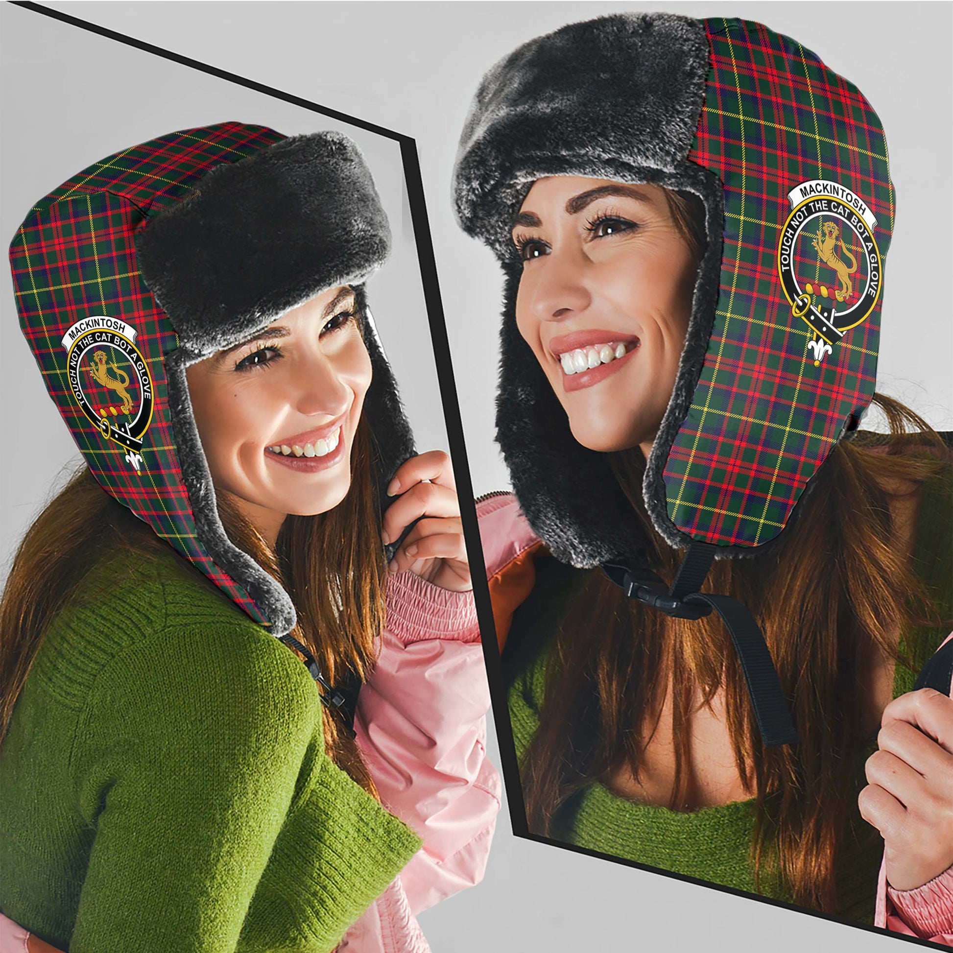 MacKintosh Hunting Modern Tartan Winter Trapper Hat with Family Crest - Tartanvibesclothing