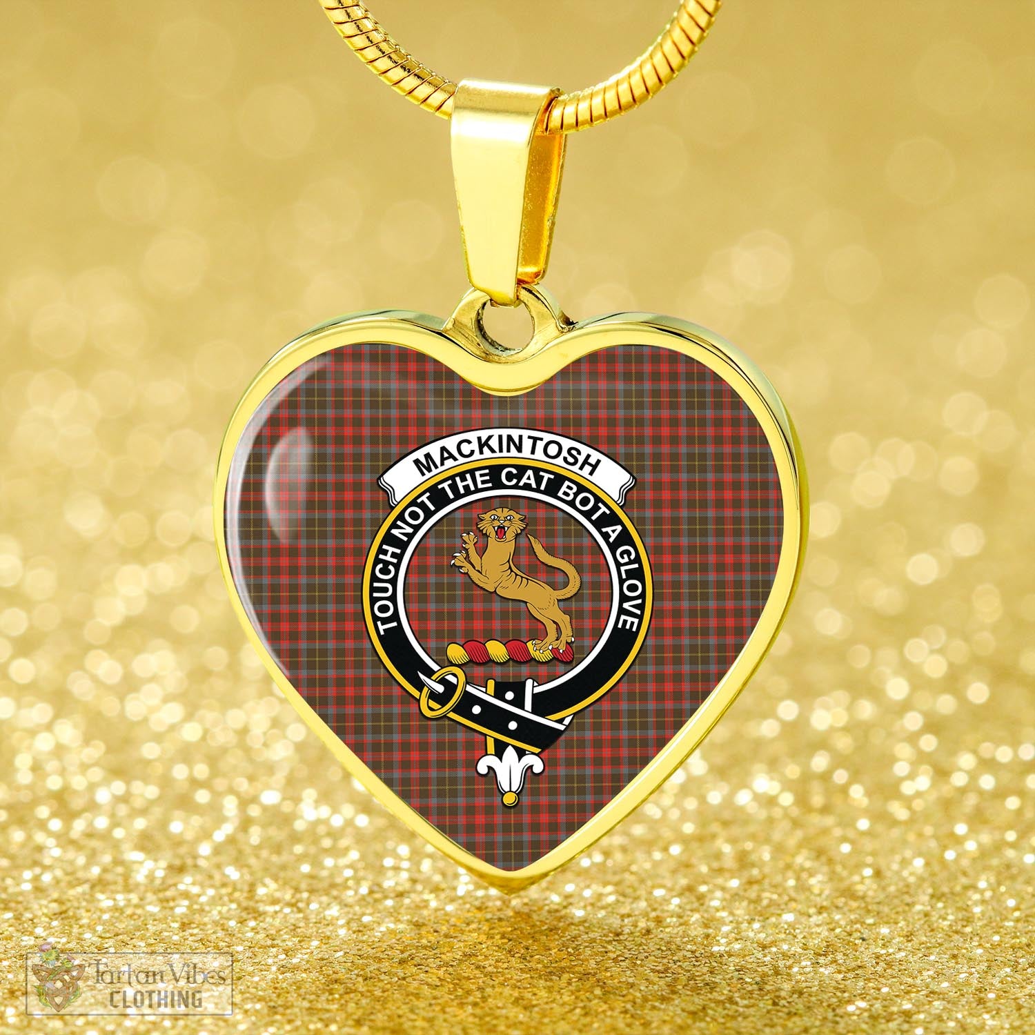 Tartan Vibes Clothing MacKintosh Hunting Weathered Tartan Heart Necklace with Family Crest