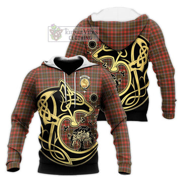 MacKintosh Hunting Weathered Tartan Knitted Hoodie with Family Crest Celtic Wolf Style