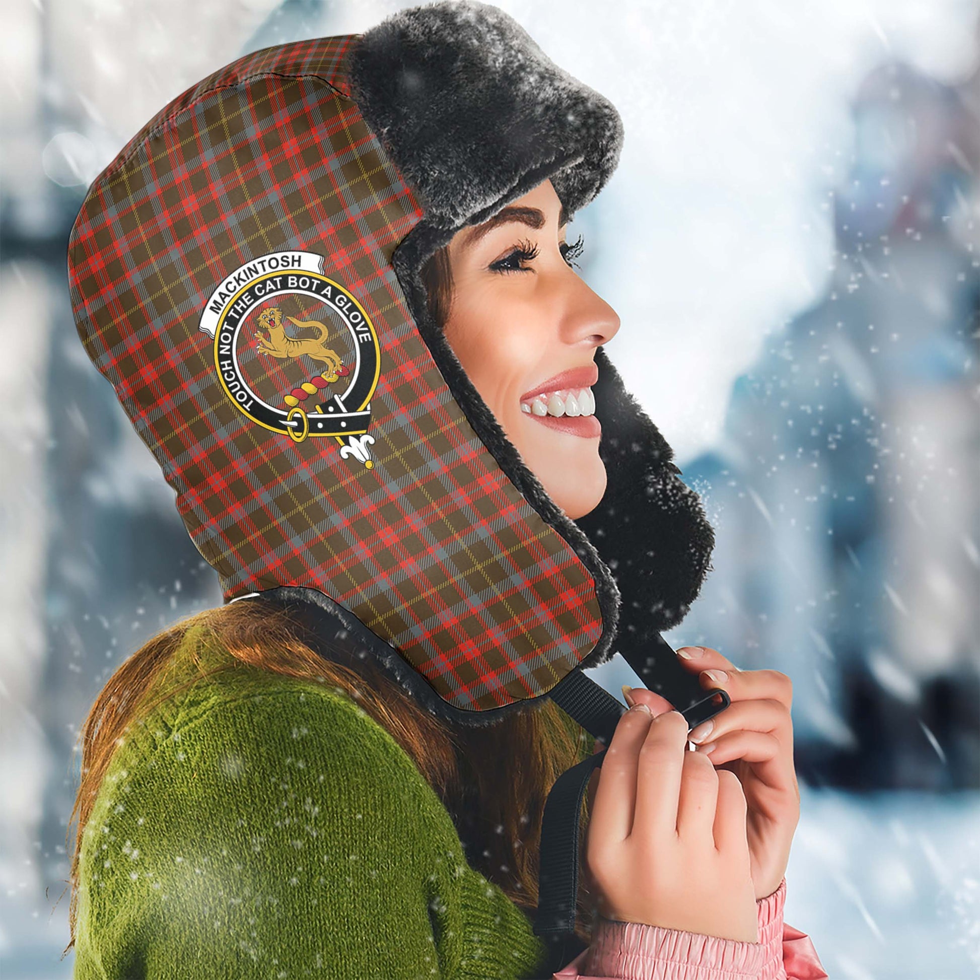 MacKintosh Hunting Weathered Tartan Winter Trapper Hat with Family Crest Winter Trapper Hat Universal Fit Circumference 22.8in (58cm) - Tartanvibesclothing