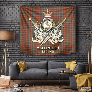 MacKintosh Hunting Weathered Tartan Tapestry with Clan Crest and the Golden Sword of Courageous Legacy