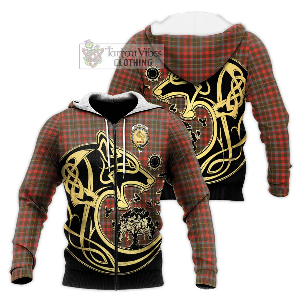 MacKintosh Hunting Weathered Tartan Knitted Hoodie with Family Crest Celtic Wolf Style Unisex Knitted Zip Hoodie - Tartan Vibes Clothing