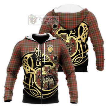 MacKintosh Hunting Weathered Tartan Knitted Hoodie with Family Crest Celtic Wolf Style